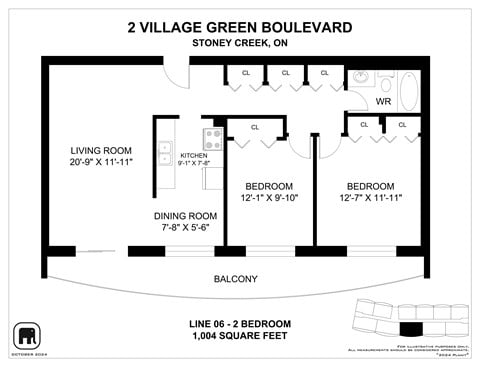 Floor plan for 2 beds, 1 bath, 1004 sqft